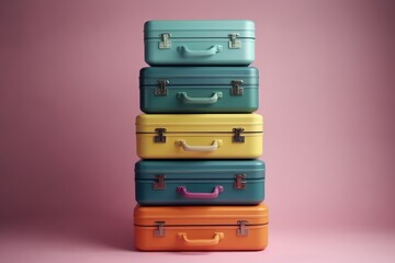 Stack of multicolored cuitcase on pink background, travel and holiday. Generative AI