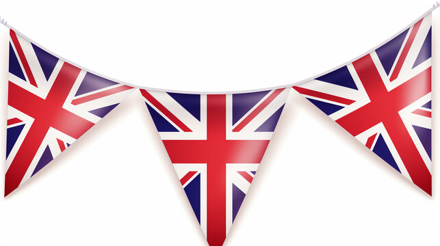 United Kingdom flag on the ropes on white background. Set of Patriotic bunting flags. Bunting decoration of United Kingdom flag,  Created using generative AI tools.