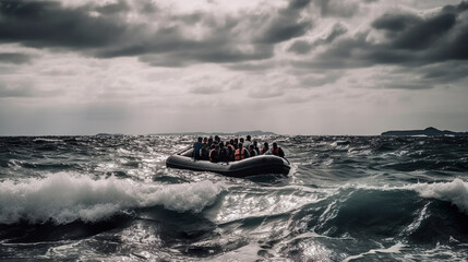 Naklejka premium Schlauchboot mit Flüchtlingen auf dem Mittelmeer, Angst und Hoffung, generative AI