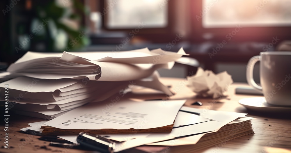 Poster image of a wooden table with papers strewn over it after a business meeting, used as a copy space ba