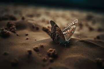 Fototapeta na wymiar Butterfly violently emerges from sand. Generative AI