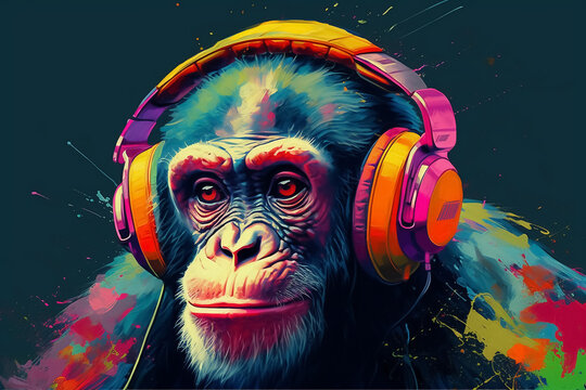 Portrait monkey or chimpanzee with headphones in colorful contrasting colors - Theme music and creativity - Generative AI