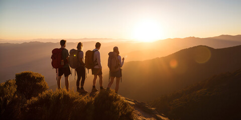 a group of hikers enjoying a majestic sunrise view, fictional persons created with generative ai