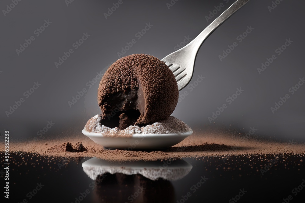 Poster sugary truffle on a fork, dusted with powder, ready to be nibbled. generative ai