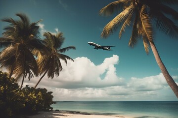 Fototapeta na wymiar Plane near tropical beach with palm trees, ideal vacation spot. Generative AI