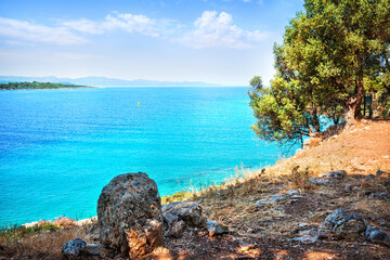 Emerald sea view from Cleopatra island and stone, Sedir island, Aegean sea, Marmaris, Turkey