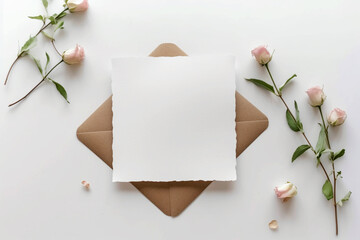 White blank invitation square card mockup with flowers isolated on white background. Minimalistic aesthetic template for invitation, greeting card, flyer, logo, branding