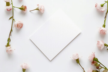 White blank invitation A4 card mockup with flowers isolated on white background. Minimalistic aesthetic template for invitation, greeting card, flyer, logo, branding