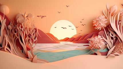 Fototapeta na wymiar Paper art of a lake with sunset and trees, generative AI