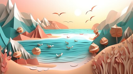 Paper art of a beach and mountains, generative AI