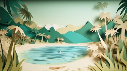Fototapeta na wymiar Paper art of a beach with palm trees and mountains in the background, generative AI