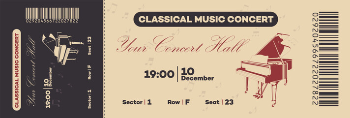 Classical or Jazz Music Concert ticket template with barcode. Piano and music notes graphic design elements. Vector. - obrazy, fototapety, plakaty