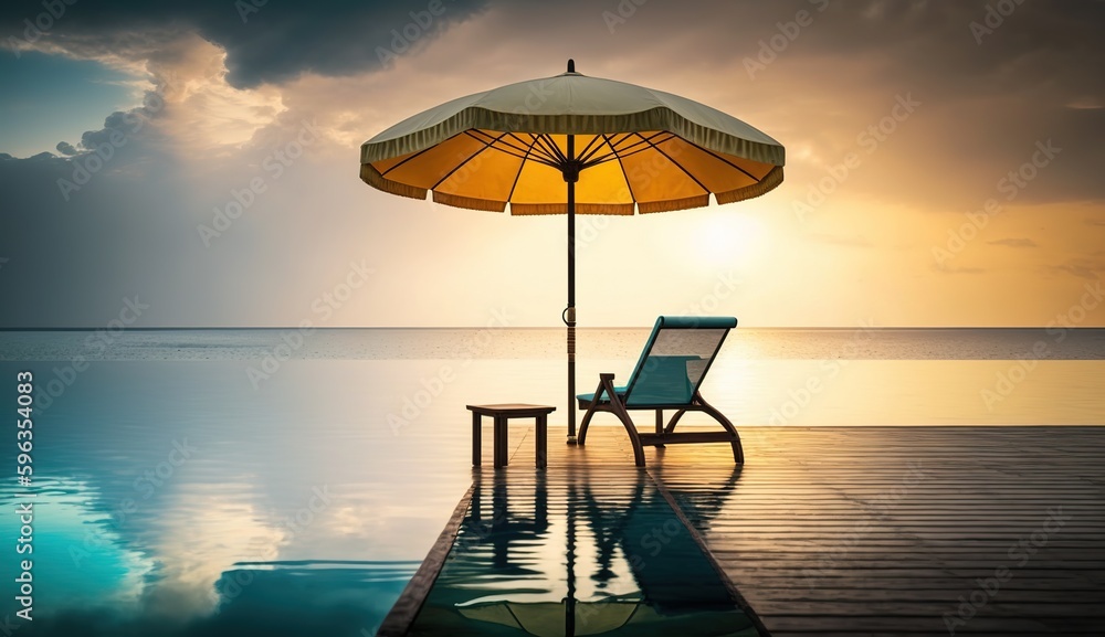 Poster chairs and umbrellas arranged around a swimming pool beside the seaside at dawn or dusk generative a