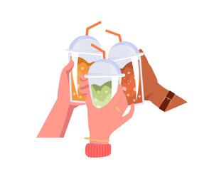 Cheers with cocktails. Cold drinks in plastic glasses with straw. Juice or soda. Advertising poster or banner for website. Event, holiday and festival. Cartoon flat vector illustration