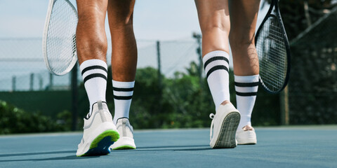 Are you ready. Shot of two unrecognizable tennis players walking away after a game.