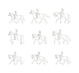 Set of riders on horses of various breeds