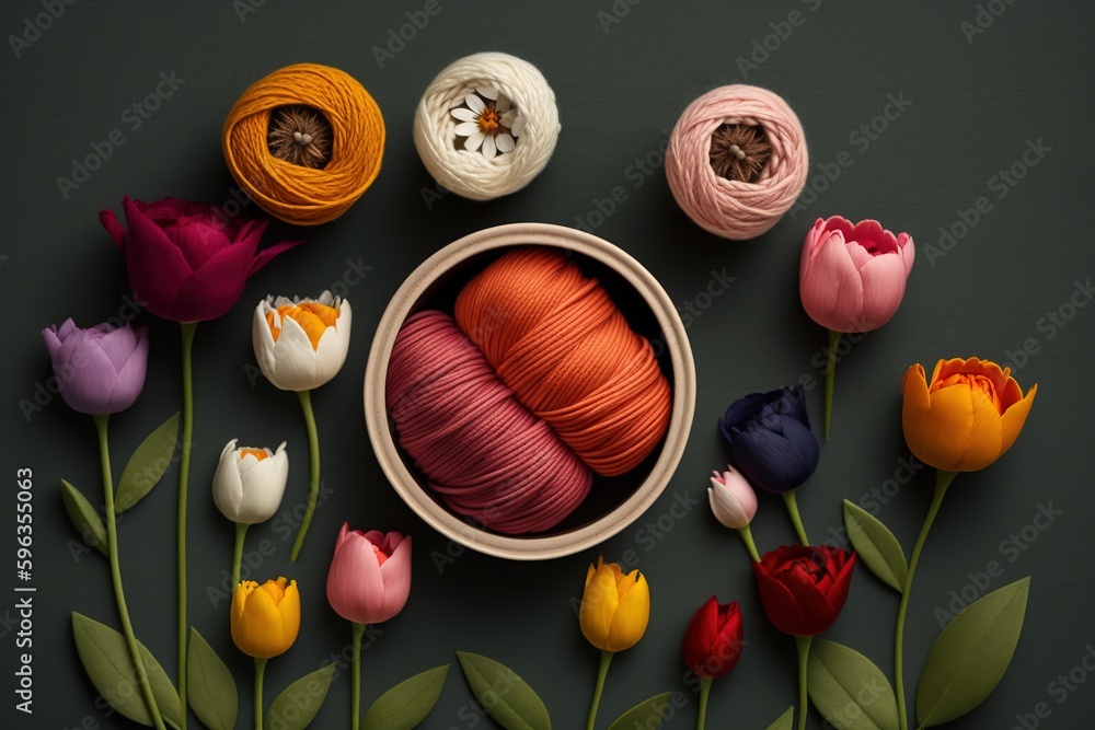Aufkleber tulips and thread arranged vertically generative ai