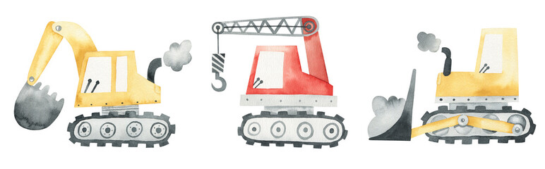 Watercolor illustration of construction machines. Cute watercolor cliparts for kids isolated on white background. Bulldozer, excavator, crane. Funny cars. Construction. Truck. Building equipment.