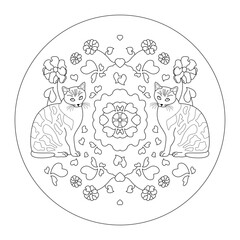 Cat Mandala with hearts and flowers. Cute. Coloring page. Vector illustration.