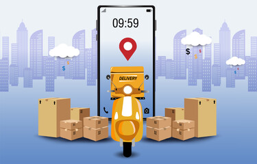 delivery man drive motorcycle on map have the GPS address . 
food delivery service send meal to customer. 
fast man keep time and speed send food. Online app shipping product on the time.