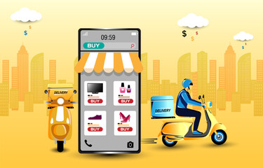delivery man drive motorcycle on map have the GPS address . 
food delivery service send meal to customer. 
fast man keep time and speed send food. Online app shipping product on the time.