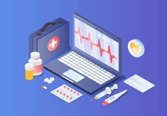 Health care set isometric. Laptop with cardiogram on screen next to pills and syringes, medicines. Telemedicine and remote consultation. Cartoon vector illustrations isolated on blue background