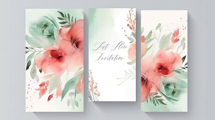 Wedding floral invitation card save the date design with flowers and green leaf. Watercolor background on white  AI generative
