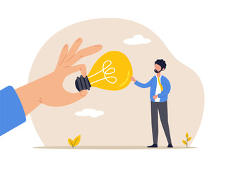 Concept of a business idea or startup. Man finds an idea in the process of brainstorming. Big hand gives a light bulb associated with an idea. Isolated flat vector illustration.