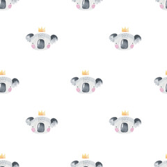 Seamless pattern with cute koalas in a crown on a white background. Watercolor illustration for children. Print with animals. Kids texture for fabric, wrapping, textile, wallpaper, apparel.