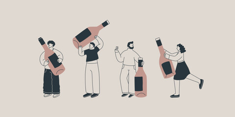 Set of illustrations of cute characters with huge bottles of wine. Men and women hold giant bottles. For the design of postcards, posters or invitations.