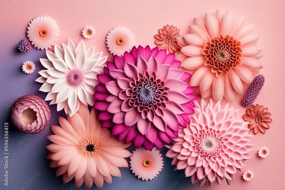 Aufkleber copy space and numerous pink flowers in a top perspective gradient generative ai