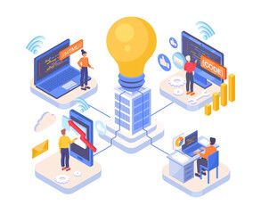 IT company isometric. Man and women working on programs, software and applications. Collection of scenes with coders near big light bulb. Cartoon vector illustrations isolated on white background