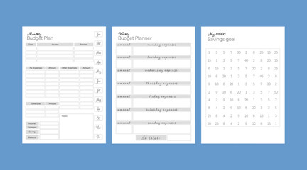 Monthly budget planner, weekly spending diary and $1000 piggy bank for diary, calendar or poster.