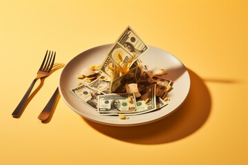 High-priced dish with dollar bills on a yellow backdrop, accompanied by cutlery. 3-dimensional modeling. Generative AI