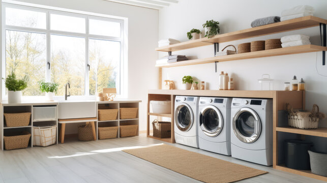 Laundry room interior with washing machine near wall. Generative AI