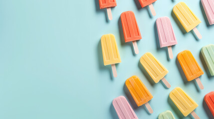 Fruit popsicle ice cream sticks on soft blue background, flat lay top view. Minimalistic summer concept. Generative AI