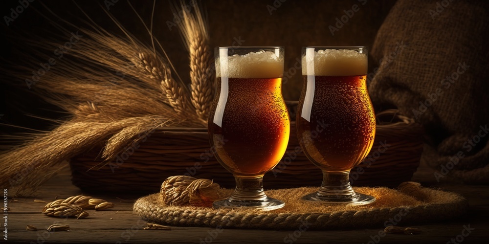 Aufkleber two pints of beer on a bed of wheat and burlap generative ai