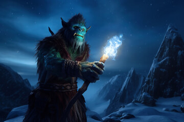 Brutal looking orc shaman. Goblin wizard in a snowy landscape. generative ai. Troll mage in the winter mountains - obrazy, fototapety, plakaty