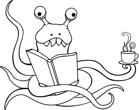 Funny alien monster with tentacles reads a book and drinks tea - a vector linear picture for coloring. Outline. A funny monster with big eyes is resting.