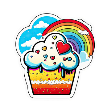 Cartoon slice of cake, cute vector illustration, sticker, cutout for children book, surrounded by hearts and rainbows