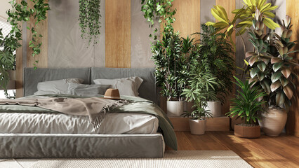 Home garden, minimal bedroom in white and wooden tones. Close-up, bed, parquet floor and many houseplants. Urban jungle interior design. Biophilia concept