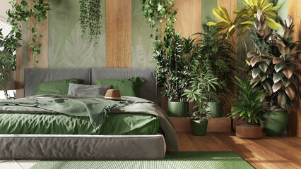 Home garden, minimal bedroom in green and wooden tones. Close-up, bed, parquet floor and many houseplants. Urban jungle interior design. Biophilia concept