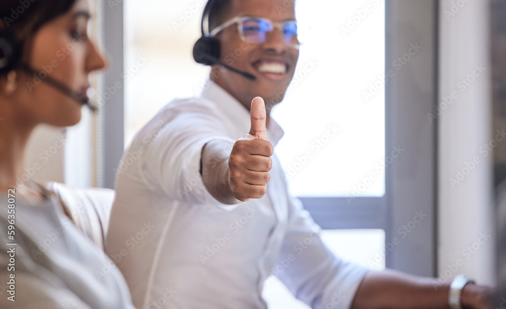 Poster You must expect great things of yourself before you can do them. Closeup shot of a call centre agent showing thumbs up while working in an office.