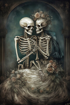 victorian skeletons hugging in love painting , Generative AI
