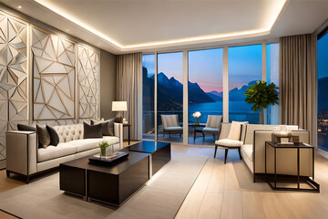 Fototapeta premium The interior design of a living room with a romantic vibe, featuring soft lighting, luxurious textiles, and plenty of candles | Generative AI