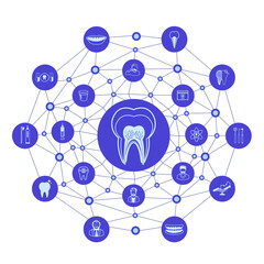 Group of Dental icons with line polygon background.Education for dental concept.