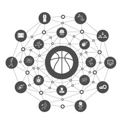 Group of black and white basketball icons with line polygon background.Basketball learning concept.