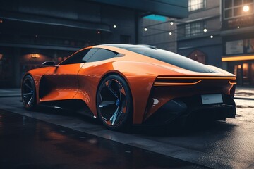 Obraz na płótnie Canvas Unique 3D rendering of EV concept car on roadway. Generative AI