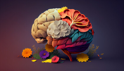 Human brain with Flowers with beautiful colorful background. Medical Background. Educational Background. Ai generated image - obrazy, fototapety, plakaty