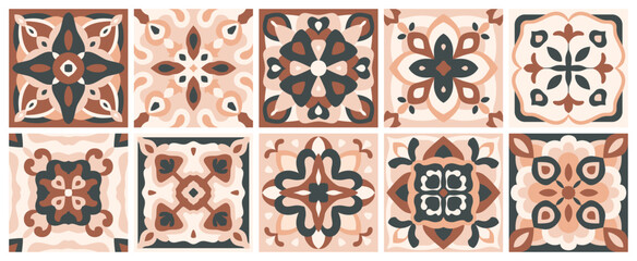 Majolica tile pattern set. Ceramic azulejo decor. Italian, Spanish art for floor, kitchen, textile. Sicily, mexican talavera, portuguese, mediterranean design of pottery ornaments. Vector illustration